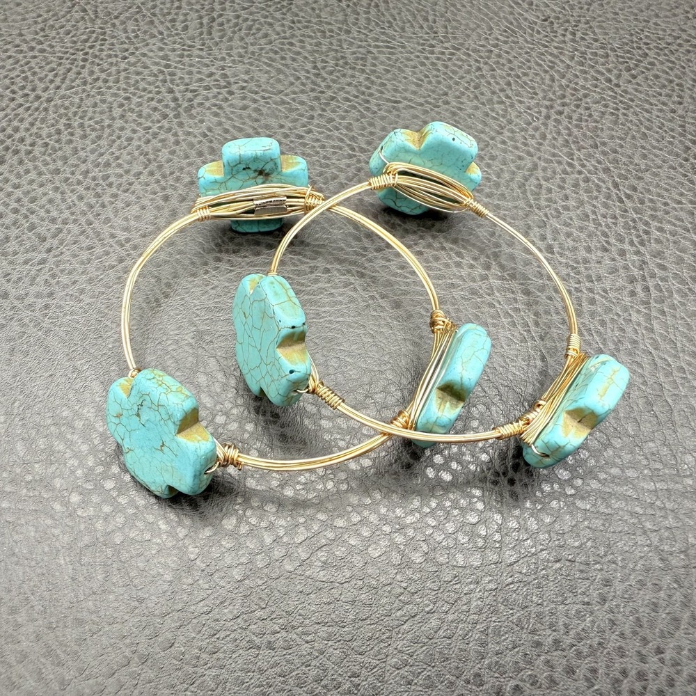 Turquoise Cross Wire Bangle Bracelet Set Gold Tone Boho Southwest Jewelry 7.5"